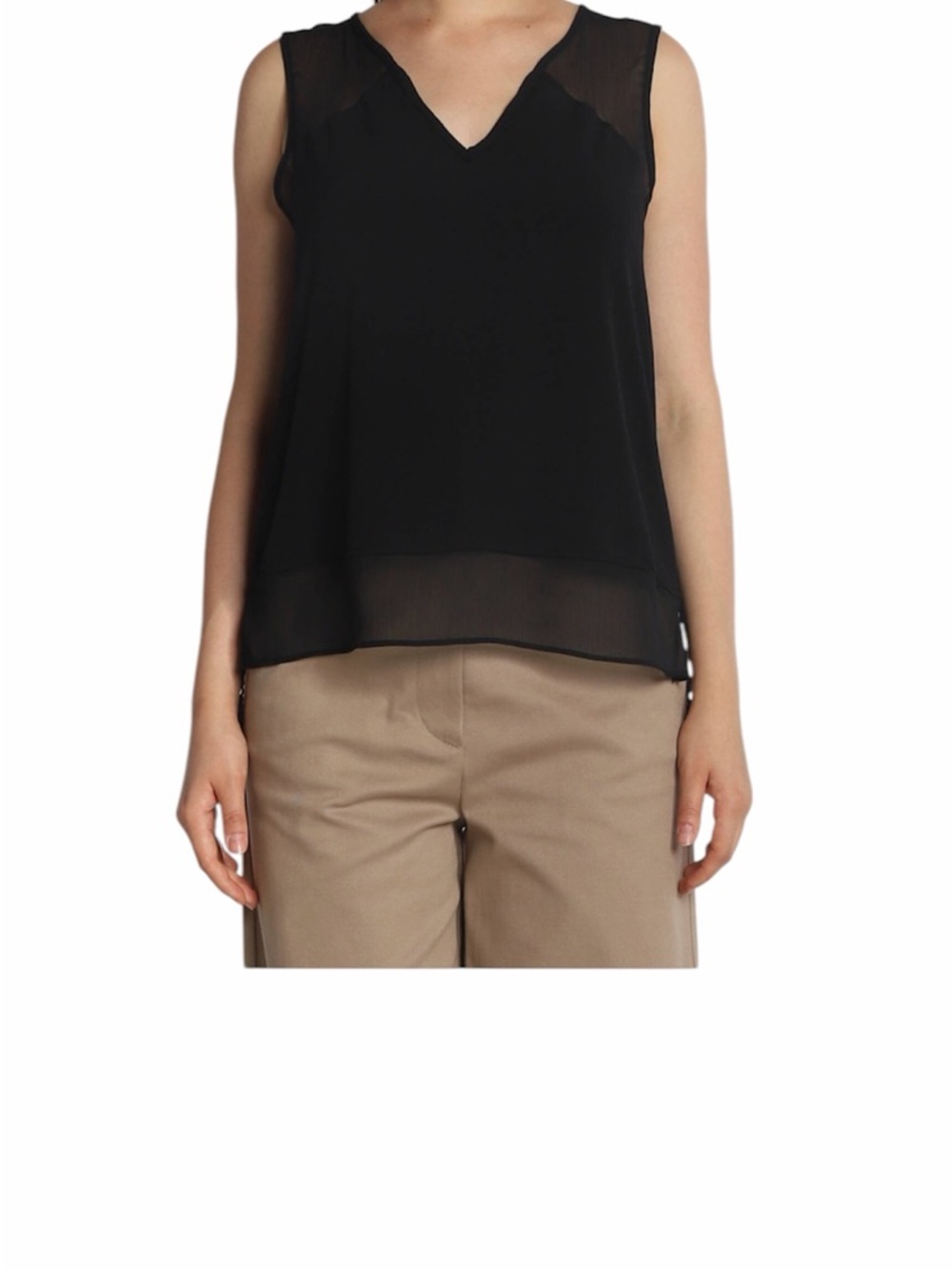 DKNY Sleeveless V-Neck Black Chiffon Layered Top